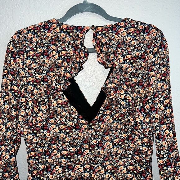 Top Shop Womens Floral V-Neck Long Sleeve Ruffle Mini A-Line Dress Black Size 8 - Picture 6 of 11